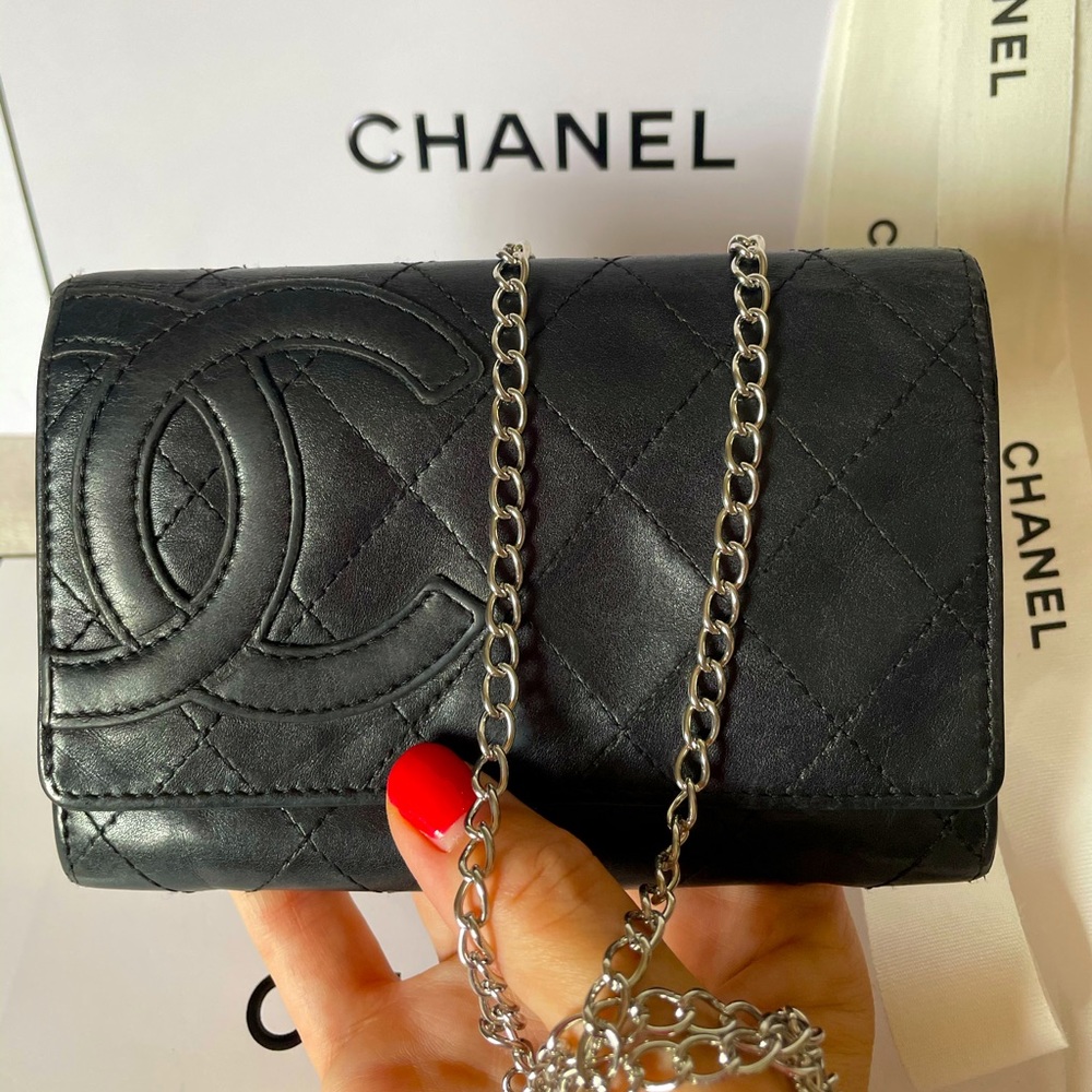 CHANEL Cambon Black Leather CC Logo Wallet on Chain Crossbody